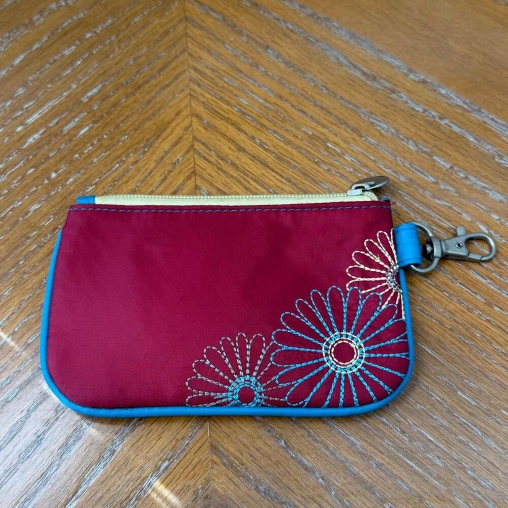 Vintage Travelon Red Floral Embroidered ID Pouch Card Coin Wallet
